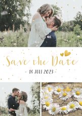 Feestelijke Save the Date kaart met 3 foto's en confetti