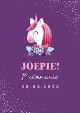 Felicitatie communie unicorn met confetti en foto