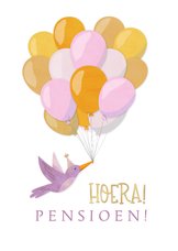 Felicitatie pensioen feestelijke vogel en vrolijke ballonnen