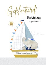 Felicitatiekaart geboorte jongen olifantje boot vlaggetjes