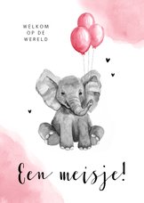 Felicitatiekaart geboorte meisje olifant ballon waterverf