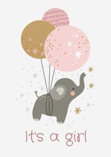Felicitatiekaart geboorte - olifant meisje ballonnen