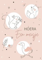 Felicitatiekaart geboorte - Vosje eekhoorn gansje in roze