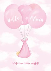 Felicitatiekaart geboorte wolken en ballonnen roze