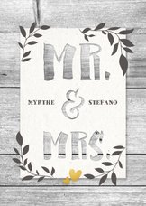 Felicitatiekaart huwelijk hout met takjes en typografie