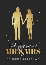 Felicitatiekaart huwelijk mr and mrs silhouet goud hartjes