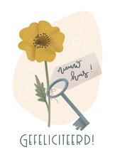 Felicitatiekaart met bloem en sleutel voor nieuw huis