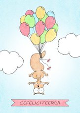 Felicitatiekaart met eekhoorn vastgeknoopt aan balonnen