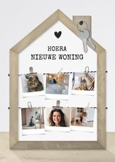 Felicitatiekaart nieuw huis met houten huisje en fotocollage