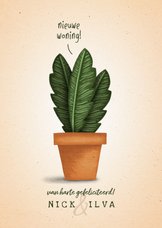 Felicitatiekaart 'nieuwe woning' met plant in pot