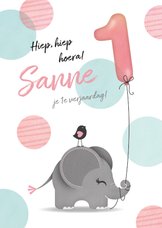 Felicitatiekaart olifantje meisje 1 jaar