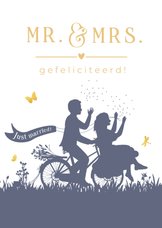 Felicitatiekaart trouwen - silhouet van bruidspaar op fiets