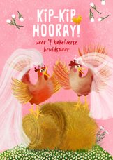 Felicitatiekaart van twee kippen met een sluier