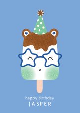 Felicitatiekaart verjaardag ijsje met feestmuts blauw