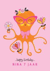 Felicitatiekaart verjaardag octopus bloemen roze