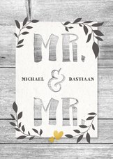 Felicitatiekaart voor huwelijk Mr. & Mr. hout en plantjes