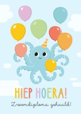 Felicitatiekaart zwemdiploma met octopus met ballonnen
