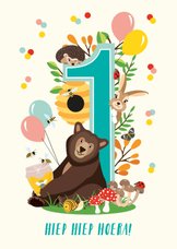 Felicitatiekaartje 1 jaar met vrolijke bosdieren