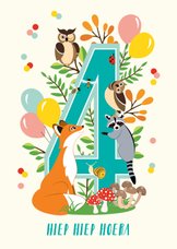 Felicitatiekaartje 4 jaar met vrolijke bosdieren