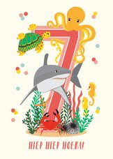 Felicitatiekaartje dieren uit de oceaan 7 jaar roze