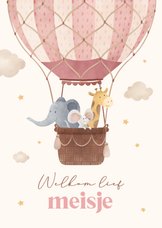 Felicitatiekaartje geboorte meisje luchtballon dieren