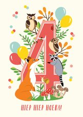 Felicitatiekaartje met dieren uit het bos 4 jaar roze
