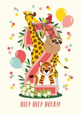 Felicitatiekaartje vrolijke jungle dieren 2 jaar in roze