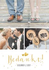 Fotocollage bedankkaartje trouwen met 3 foto's en confetti