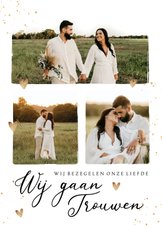 Fotokaart collage trouwen met spetters goud en hartjes