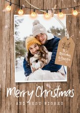 Fotokaart hout lampjes label foto merry christmas sneeuw