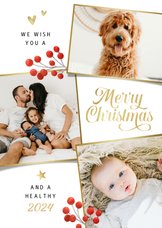 Fotokaart liefdevol fotocollage goud merry christmas besjes