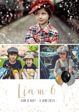 Fotokaart met 3 foto's en feestthema ballonnen en confetti