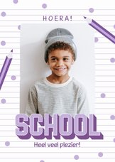 Fotokaartje veel plezier op school paars met potloden