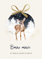 Franse nieuwjaarskaart illustratie hert kerstbal strik goud