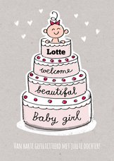 Geboorte felicitatie kaart met meisje in een roze taart
