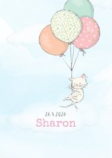 Geboortekaart meisje, kitten en ballonnen
