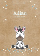 Geboortekaart met lieve zebra kraft-stijl