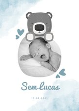 Geboortekaartje blauw met foto, beer en waterverf