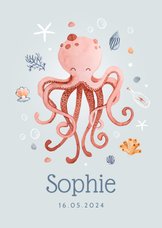 Geboortekaartje hip zee octopus meisje schelpjes hartjes