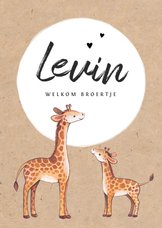Geboortekaartje jongen op kraftlook papier met giraffe's