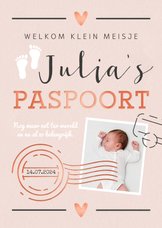 Geboortekaartje meisje paspoort made with love stempels