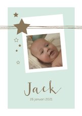 Geboortekaartje met foto, lijnen, sterren voor een jongen