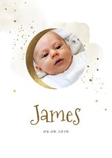 Geboortekaartje met foto, waterverf en maantje in goud