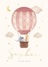 Geboortekaartje roze dieren luchtballon vintage sterren