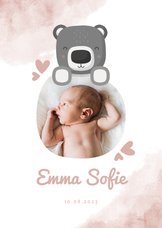 Geboortekaartje roze met foto, beer en waterverf