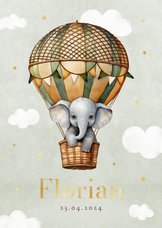 Geboortekaartje vintage luchtballon olifant wolkjes sterren