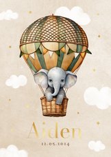 Geboortekaartje vintage luchtballon olifantje wolken sterren
