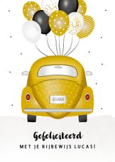 Geslaagd kaart voor rijbewijs met gele kever en ballonnen