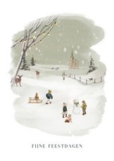 Getekende kerstkaart kinderen in de sneeuw landschap