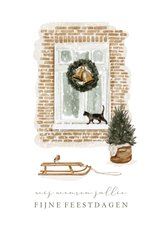 Getekende kerstkaart met raam en krans met kerstboom